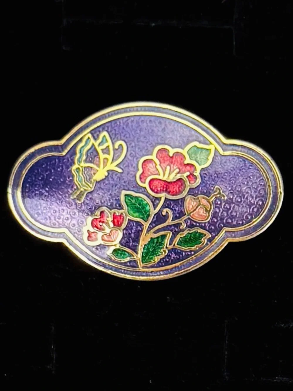 Vintage Cloisonné Enamel Butterfly Floral Scarf Clip Slide Purple Gold Tone